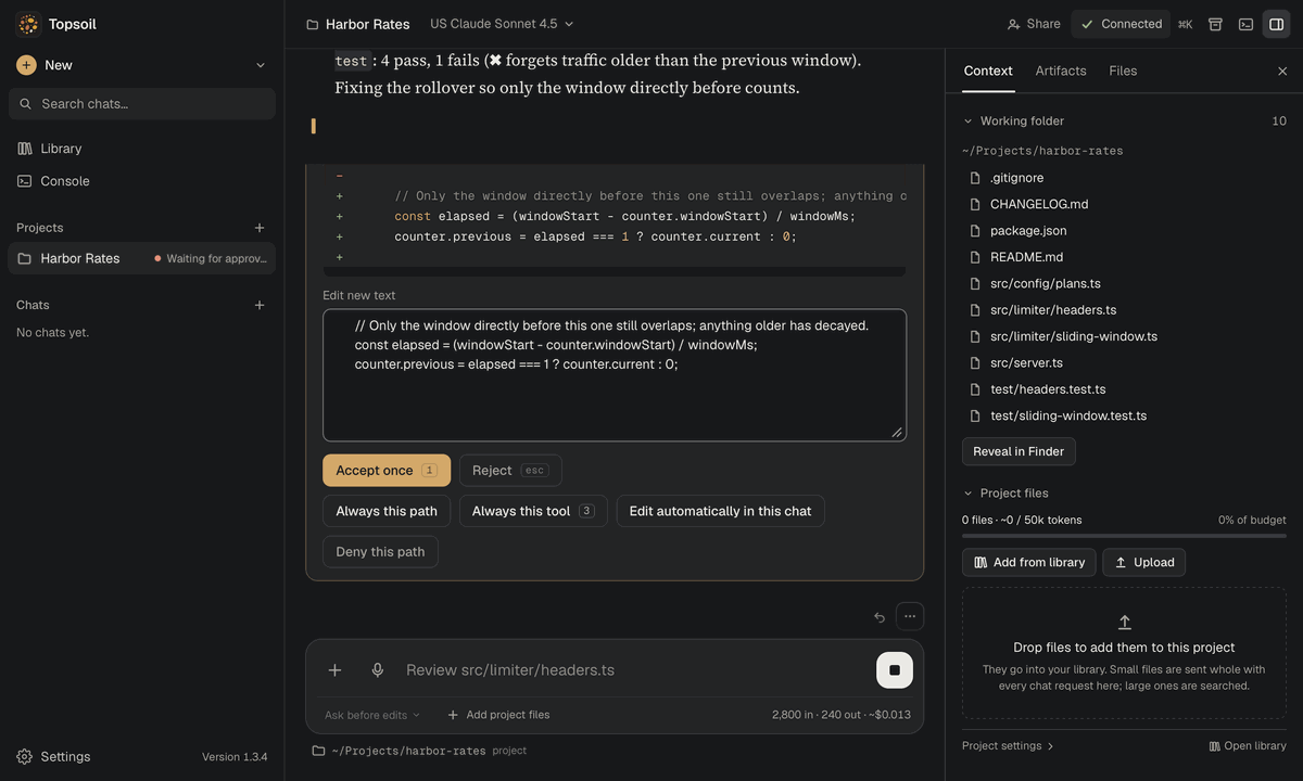The Topsoil desktop app with the fix awaiting approval: the regression test has failed, and the fix waits as a red and green patch with Accept once, Reject and Edit new text.