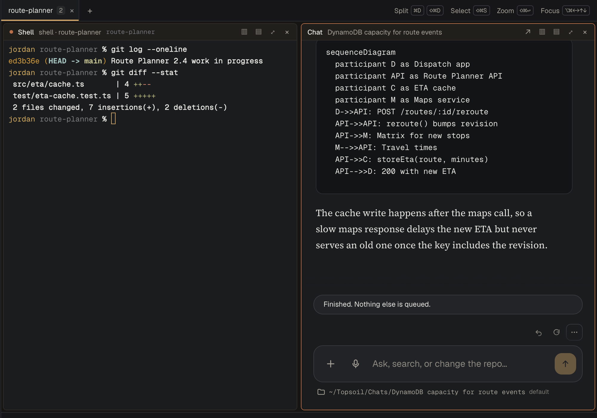 The Topsoil console on macOS: a shell pane running git log and git diff --stat beside a chat explaining the change, with a sequence diagram.