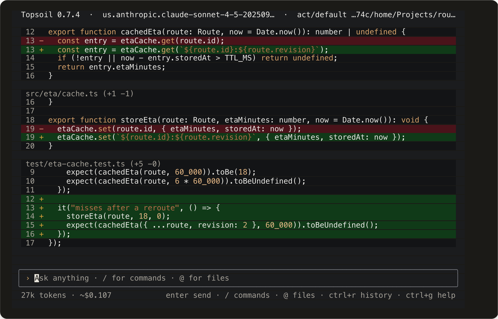 A Topsoil terminal diff across two files: the cache key change in src/eta/cache.ts and storeEta, plus a new test added to test/eta-cache.test.ts.